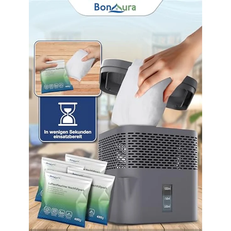 BonAura Luftentfeuchter-Nachfüllpack, Granulat im Vliesbeutel, 450g pro Stück, geruchsneutral, 2er-, 4er- oder 6er Set – Bild 3