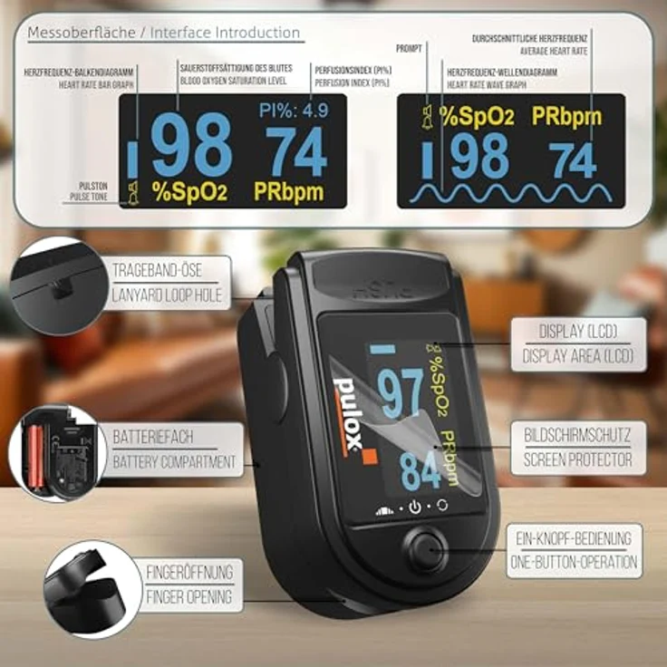 PULOX Pulsoximeter PO-200A mit Alarm, 6 verschiedene Anzeigemodi, schwarz – Bild 2