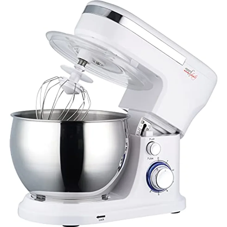Melchioni Family Maxima New Planetenknetmaschine, 1000 W, Schüssel aus Edelstahl 5 l, Küchenmaschine 6 Geschwindigkeiten, Pulsfunktion, Schneebesen aus Stahl, Teighaken, Rührer, Deckel