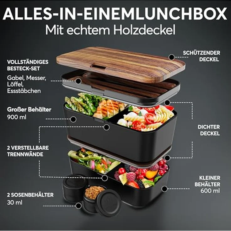 UMAMI Bento Lunchbox für Erwachsene, auslaufsichere Brotdose mit Besteck und 2 Saucenbehältern, Fächer für Meal Prep, ideal für Salat und Snacks – Bild 3
