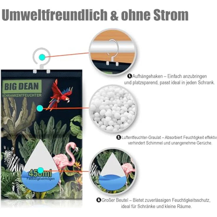 BigDean 20er Pack XL Luftentfeuchter, 450ml Beutel für Kleiderschrank, stromlos, optimaler Feuchtigkeitsschutz gegen Schimmel – Bild 2