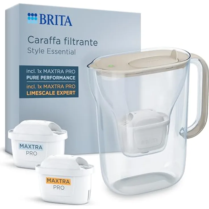 Brita Style Essential Wasserfilterkanne, inkl. 1x Maxtra Pro Extra Kalkschutz & 1x Maxtra Pro Pure Performance, Beige, 2,4l Gesamt- und 1,4l Filterwasserkapazität, spülmaschinengeeignet