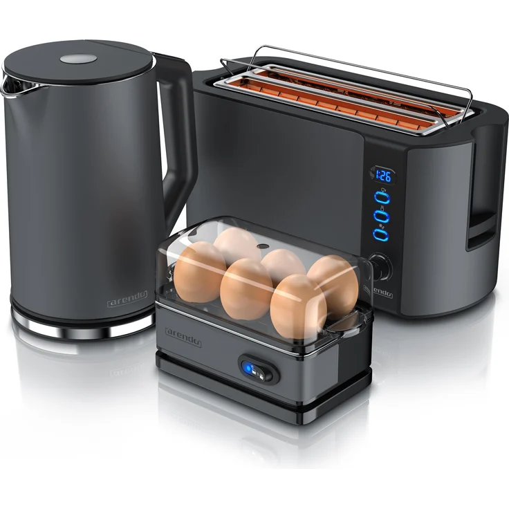 Arendo Frühstücks Set, Wasserkocher 1,5l Temperaturwahl, 4 Scheiben Toaster & Eierkocher für 6 Eier, Grau, Toaster, Grau
