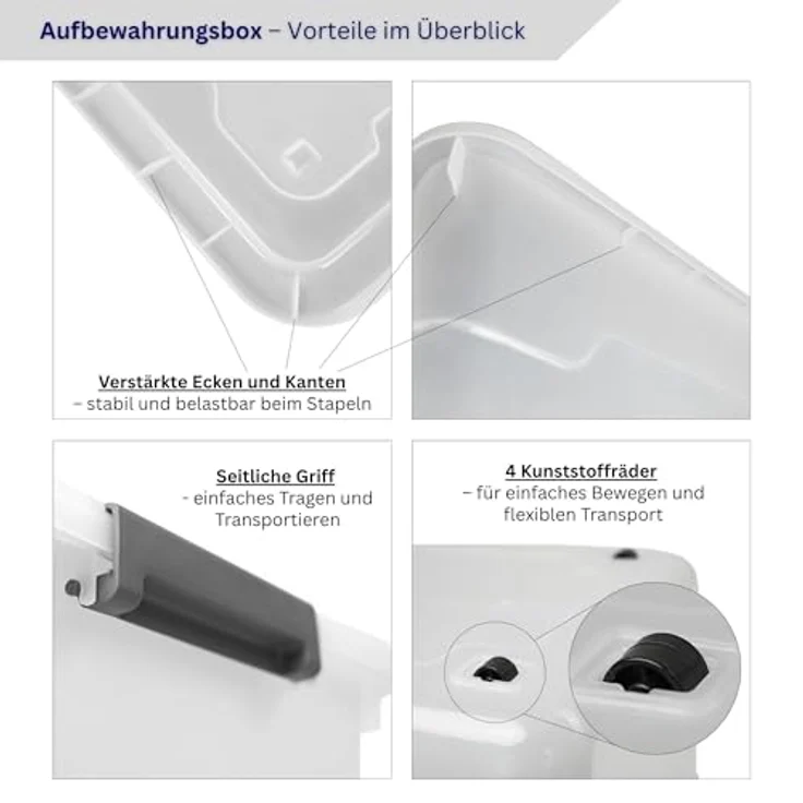 PROREGAL Aufbewahrungsbox mit Deckel 45L, 4er Set, transparent, stapelbar, mit Rollen und Verschlussclips für Küche, Haushalt und Keller – Bild 4