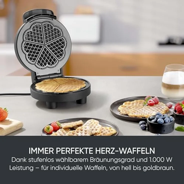 SEVERIN Waffeleisen Black Line WA 2117, Herzwaffeln mit PFAS-freier Beschichtung, 1.000 Watt, schwarz/Edelstahl, mit Kontrollleuchte und Kabelaufwicklung – Bild 3