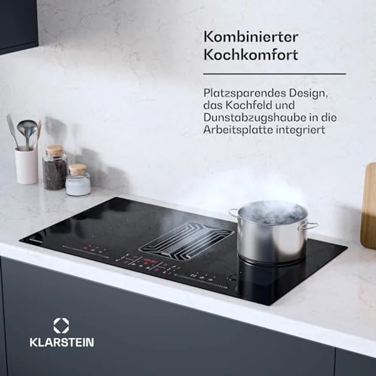 Klarstein AirJet FlexPro Induktionskochfeld mit Dunstabzug, A++ Energieeffizienz, 750 m³/h Abluft, 14 kW Leistung, 4 Flexzonen, leise 58 dB, Touch-Steuerung, Schwarz – Bild 2