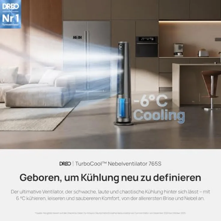 DREO TurboCool Nebelventilator 765S, 3-in-1 Turmventilator mit WLAN & App-Steuerung, 6 L Tank, 10.4 m/s Luftstrom, 20 dB DC-Motor, 90° Oszillation, 12 Geschwindigkeiten, 4 Modi