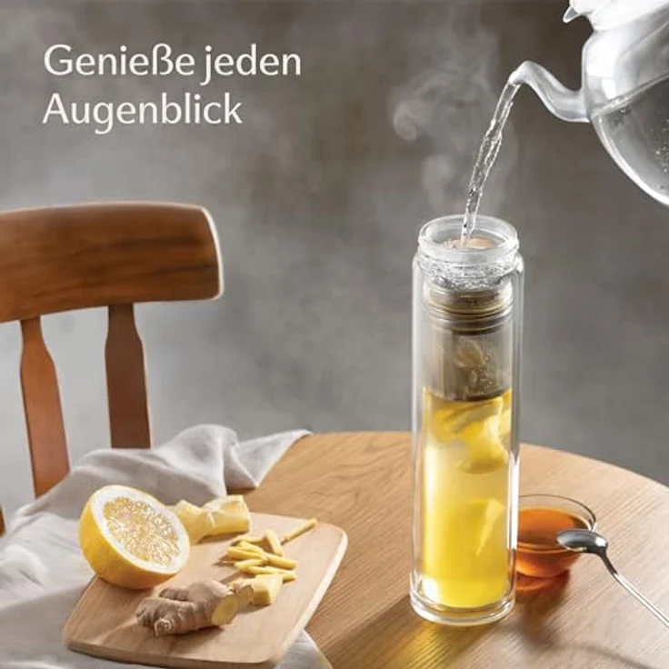 Teeflasche mit Sieb to Go 500ml - Doppelwandiges Glas mit Filztasche - Hitzebeständig - Auslaufsicher - Spülmaschinenfest - (Grau) – Bild 2