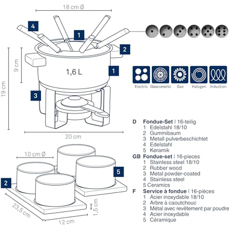 kela Fondue-Set Gunten, Ø 20 cm, 1,6 L, Edelstahl, Schwarz, Induktionsgeeigneter Topf mit Holzgriffen, mit Spritzschutzdeckel, Rechaud und Pastenbrenner, 4 Schälchen auf Holzbrett, 10068 – Bild 3
