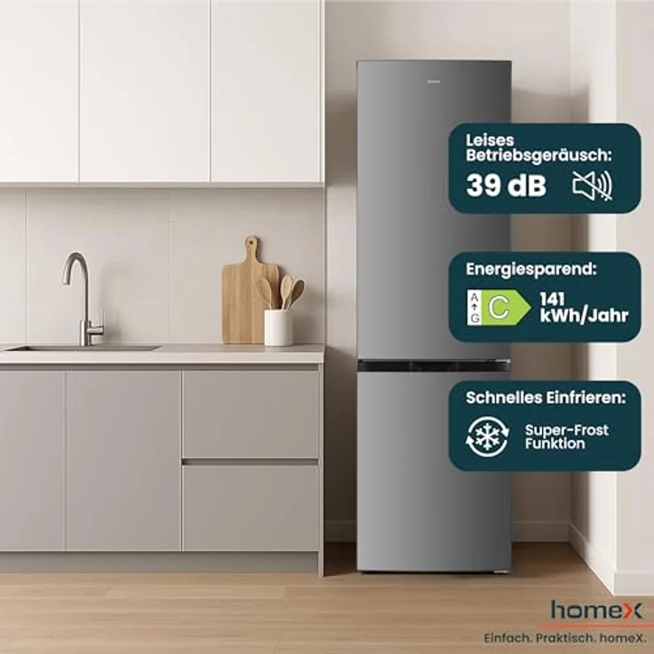 homeX CFSN2531C-S, Kühlschrank mit Gefrierfach No Frost, Kühl-Gefrier-Kombination 253 Liter, silber – Bild 7