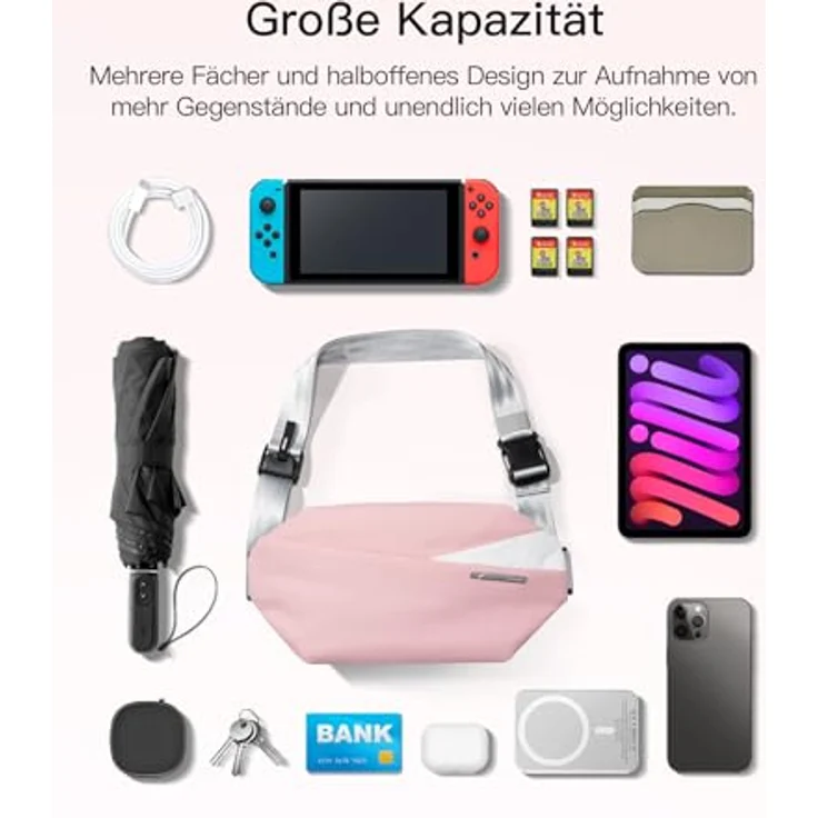 Inateck Sling Bag, wasserabweisende Umhängetasche in Rosa mit verstellbarem Schultergurt und viel Stauraum – Bild 5