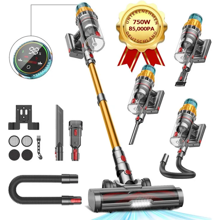 FOSMET Akku-Stielstaubsauger Modell 017, kabelloser Staubsauger mit 85000Pa Saugleistung, 80 Minuten Laufzeit, 2,6L Staubbehälter, OLED Display, leise 50dB