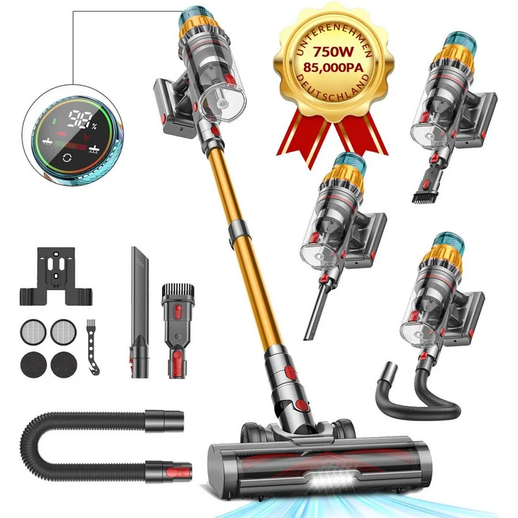 FOSMET Akku-Stielstaubsauger Modell 017, kabelloser Staubsauger mit 85000Pa Saugleistung, 80 Minuten Laufzeit, 2,6L Staubbehälter, OLED Display, leise 50dB