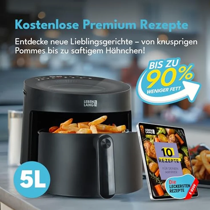 LEBENLANG Heißluftfritteuse 5L, 1500W, ölfreie Friteuse mit Rezeptbuch, 8 Programme, Schwarz – Bild 2