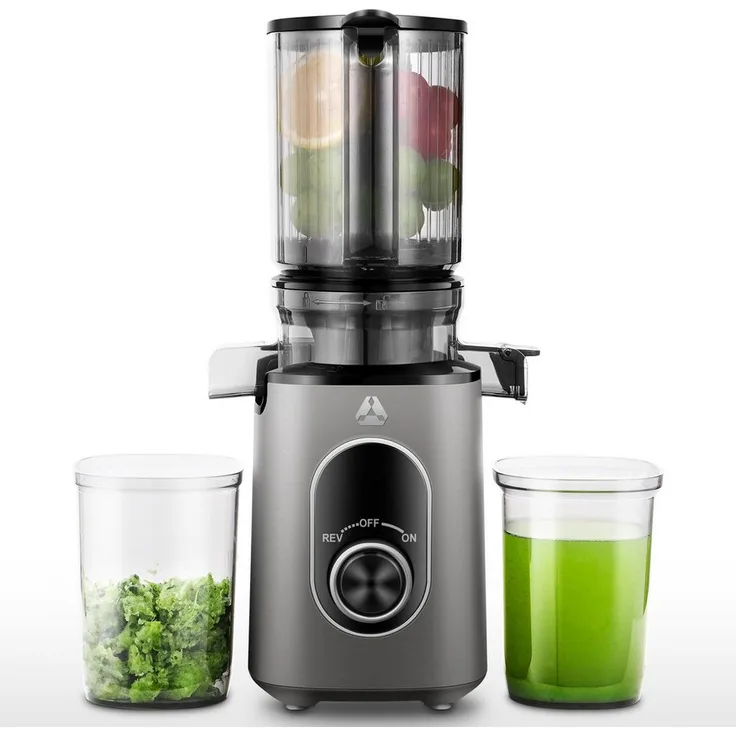 AMZCHEF CE-JS2OT304-IG Slow Juicer, 220 W, 110 mm Einfüllschacht, inkl. Bürste und 2 Bechern, hohe Saftausbeute, leicht zu reinigen