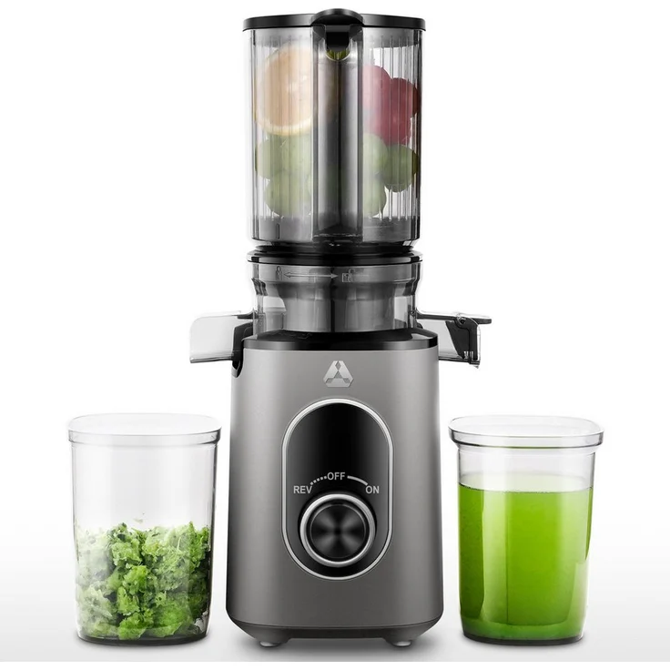 AMZCHEF CE-JS2OT304-IG Slow Juicer, 220 W, 110 mm Einfüllschacht, inkl. Bürste und 2 Bechern, hohe Saftausbeute, leicht zu reinigen