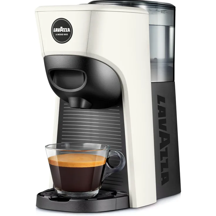 Lavazza LM 840 Tiny Eco, automatische/manuelle Kapselkaffeemaschine mit 0,6 L Wassertank, integriertes Mahlwerk, Energieeffizienzklasse A+, weiß-schwarz
