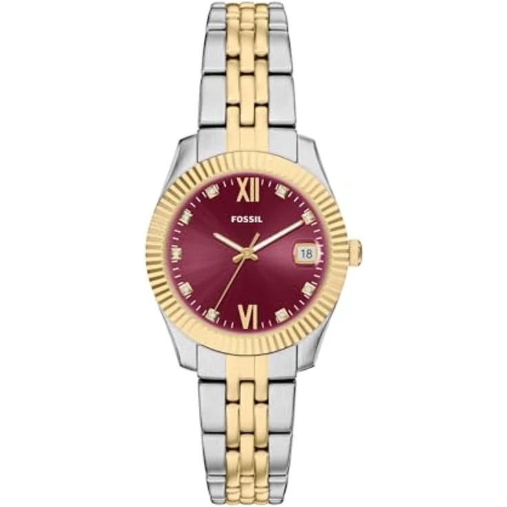 Fossil Scarlette Damenuhr, 32mm Quarz-Dreizeiger-Datumswerk mit gold- und silberfarbenem Edelstahlarmband und rosa Sunray-Zifferblatt – Bild 1
