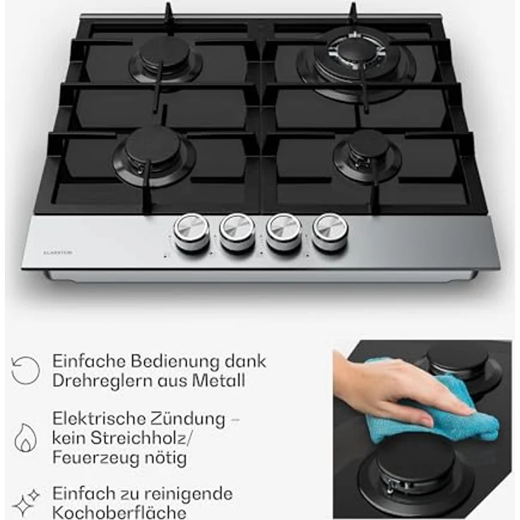 Klarstein Verosteel Gaskochfeld, 4-Brenner, 8000W, 60cm, Glas & Edelstahl, Flammenausfallschutz, elektrisch zündbar, Flüssiggas/Erdgas – Bild 6