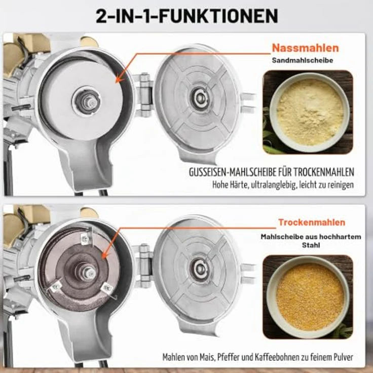 VEVOR Getreidemühle Gewürzmühle 3 kW, kommerzielle Maismühle mit Trichter, einstellbare Mahlstärke, Hochleistungs-Trocken- und Nassmühle, 50 kg/h – Bild 4