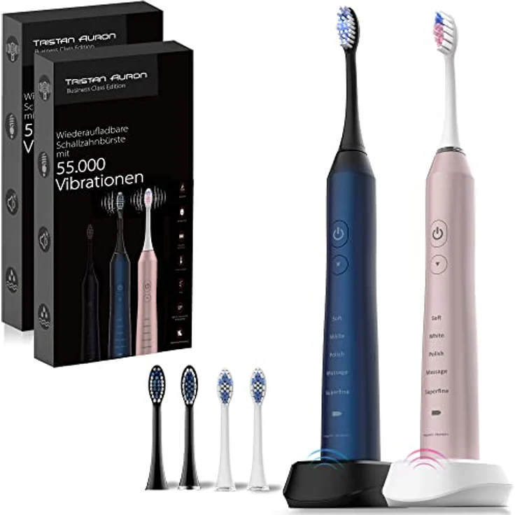Tristan Auron Business Class Doppelpack Schallzahnbürste - 55000 Vibrationen - 60 Tage Akku, Elektrische Zahnbürste - 5 Putzmodi - 4 Aufsätze (Business Edition pink/blau) – Bild 1