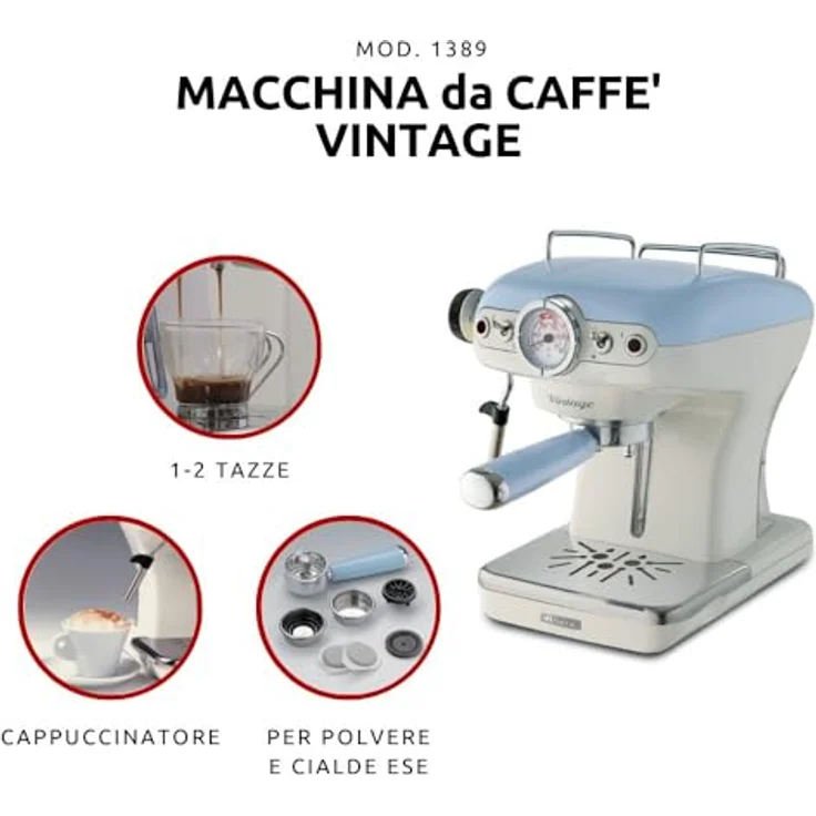 Ariete 1389 00M138915AR0 Siebträger-Espressomaschine Vintage mit Milchaufschäumdüse, 900 W, hellblau, Kunststoff – Bild 2