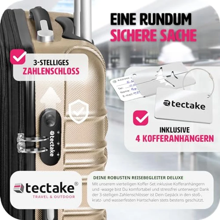 tectake® 4tlg. Hartschalenkoffer Set, Reisekoffer Set mit Rollen, Hartschale aus ABS, Koffer Set mit Teleskopgriff und Schloss, ink. Kofferwaage und Kofferanhänge, Trolley Größen S-M-L-XL - champagner – Bild 5