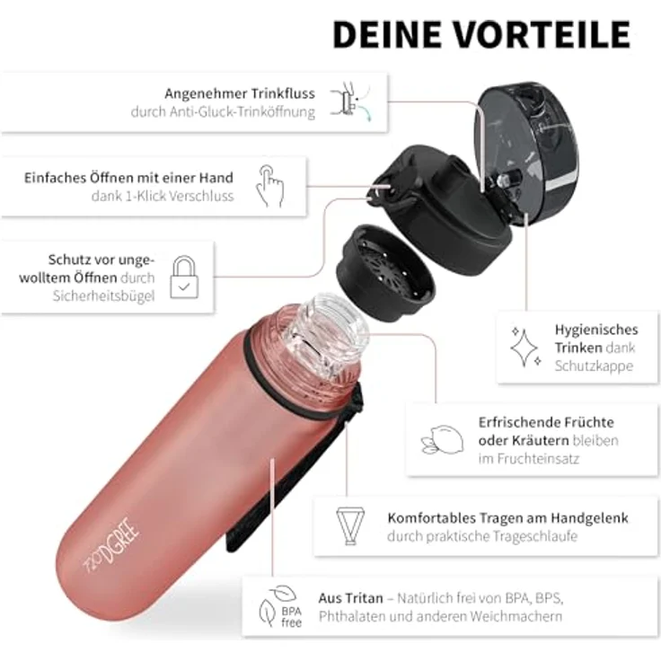 Trinkflasche Wasserflasche Fruchteinsatz 0,65L - BPA-Frei uberBottle 720 DGREE flamingo pink – Bild 2