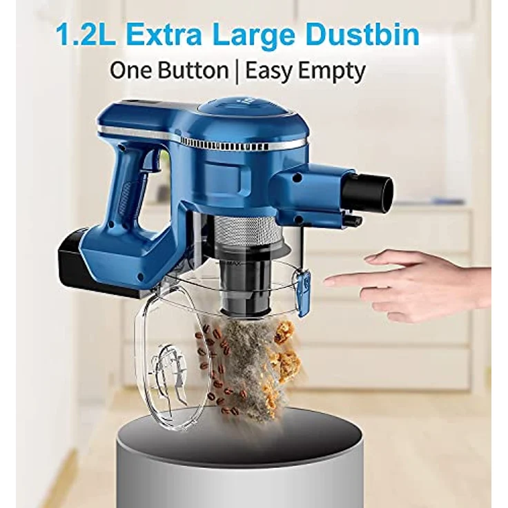 INSE Akku Staubsauger 25KPa Kabelloser Staubsauger Starke Saugleistung bis zu 45 Min Laufzeit, 1,2L großer Müllbox, 10 in 1 Staubsauger Beutellos Stabstaubsauger für Tierhaare Hartboden Teppich blau – Bild 4