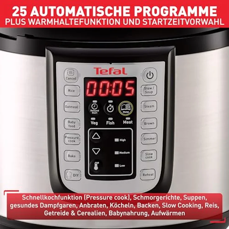 Tefal Multikocher CY505E Fast & Delicious, elektr. Schnellkochtopf mit 1200 W, 6 l Kapazität, 25 Programme, inkl. Rezeptheft – Bild 7