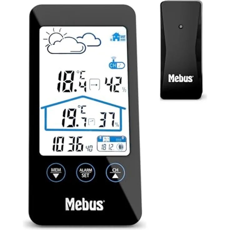 Mebus Wetterstation Modell 11908, digitale Anzeige mit Innen- und Außensensor, Wettervorhersage, Mondphasen, Wecker und Displaybeleuchtung, Schwarz, 16 cm – Bild 1