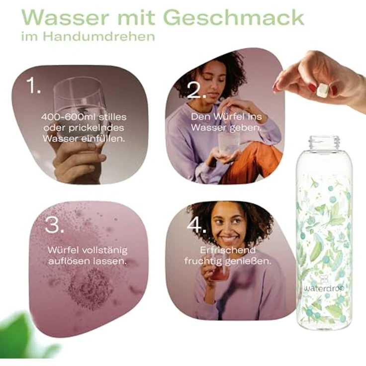 waterdrop® Starter Set Glass | Glass Bottle + 18 Microdrinks zum Auflösen in 6 fruchtigen Sorten – Probierpaket | 600ml Glasflasche auslaufsicher Kohlensäure geeignet + Getränkepulver zuckerfrei – Bild 3
