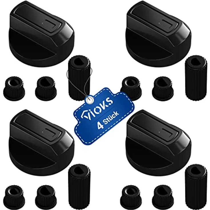 VIOKS 4x Drehknopf Herd Schwarz, Universal Schalter mit 16-teiligem Adapter Set für Backöfen & Elektroherde, robust mit Nullmarkierung
