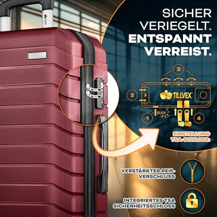 tillvex® Reisekoffer Set 4-TLG. Hartschalenkoffer mit 4 Rollen, TSA Schloss, integrierte Gepäckwaage, 8 Koffergurte & 4 Kofferanhänger, Größen S-M-L-XL, Rot – Bild 4