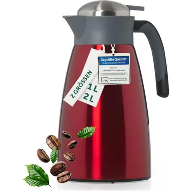 Blumtal Thermokanne Carla, 2 L, Rot, Metall, Ausgießen per Knopfdruck, BPA-frei, für Kaffee & Tee