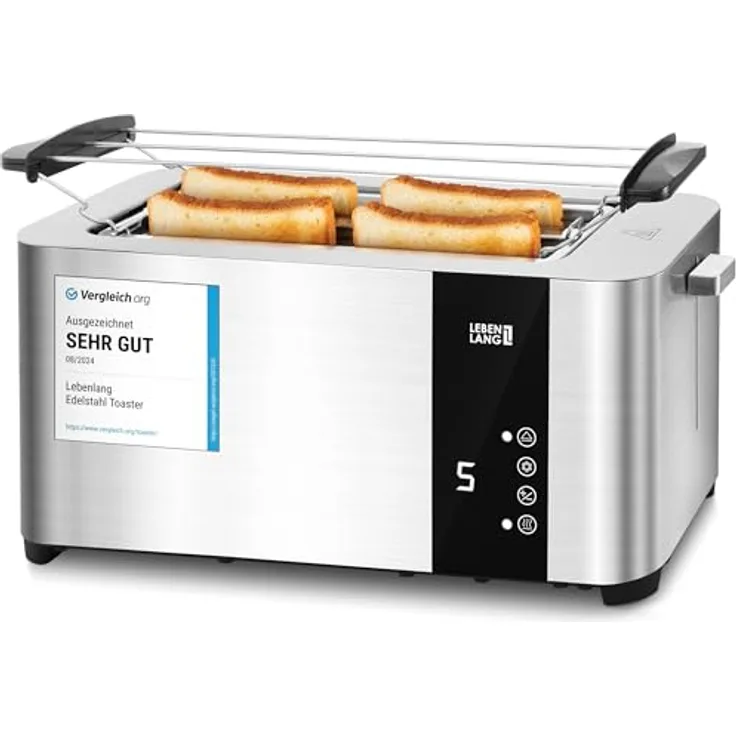 LEBENLANG Langschlitz Toaster 4 Scheiben Edelstahl Gebürstet mit Brötchenaufsatz, Touchscreen LED Display, 7 Bräunungsstufen, 1400W, für große Toastscheiben xxl LBL9899