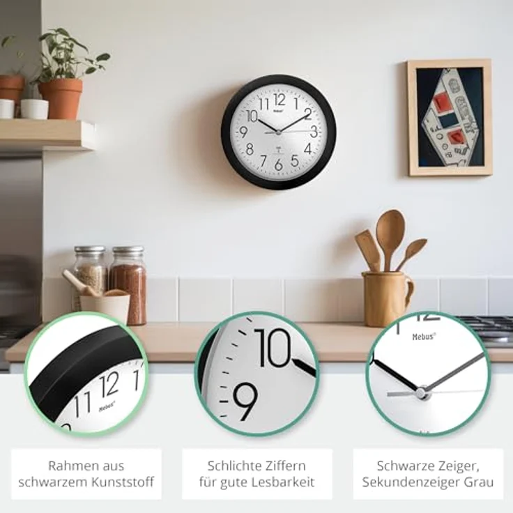 Mebus Schwarz Funk-Wanduhr mit 25 cm Durchmesser, Kunststoff – Bild 3
