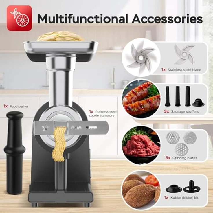 TurboTronic Elektrischer Fleischwolf Samurai – 2600W mit Spritzgepäckvorsatz und Metallgetriebe aus Edelstahl, Wurst Plätzchen Kebbeh Hackfleisch - By Z-LINE – Bild 4