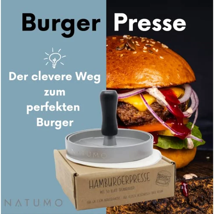 NATUMO Burgerpresse Set aus Hamburgerpresse und Burger Papier (50x Trennpapier), Burger Maker aus Aluguss (Ø 11cm, 200g), Profi Burger Pattie Presse mit Antihaftbeschichtung (Silber) – Bild 4