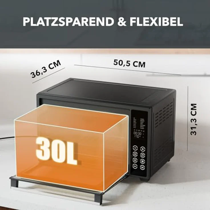 Heinrich´s Multibackofen, Minibackofen mit 30L Volumen, Umluft, 1600W, Touch-Bedienung, 8h Timer, Innenbeleuchtung, schwarz – Bild 2