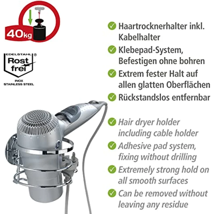 Wenko Haartrocknerhalter 'Turbo-Loc', Edelstahl glänzend, mit integriertem Kabelhalter und rückstandslos entfernbarer Wandbefestigung – Bild 3