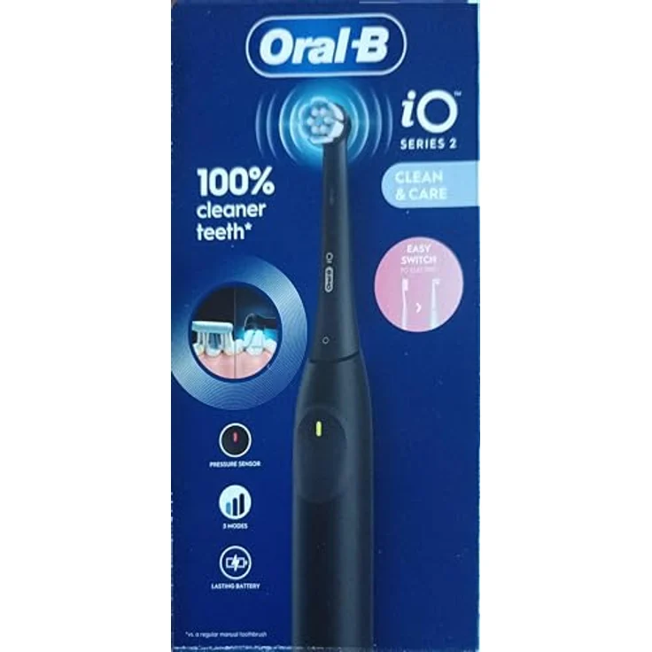 Oral-B iO 2 elektrische Zahnbürste, schwarz, 3 Reinigungsmodi, sanft für das Zahnfleisch, weiche Bürste, Zubehör, Ersatzbürste, Ladegerät – Bild 1