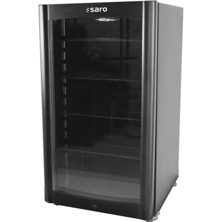 SARO Kühlschrank DK 90, Flaschenkühlschrank mit Glastür, schwarz, 88 Liter, energieeffizienter Betrieb mit LED-Beleuchtung