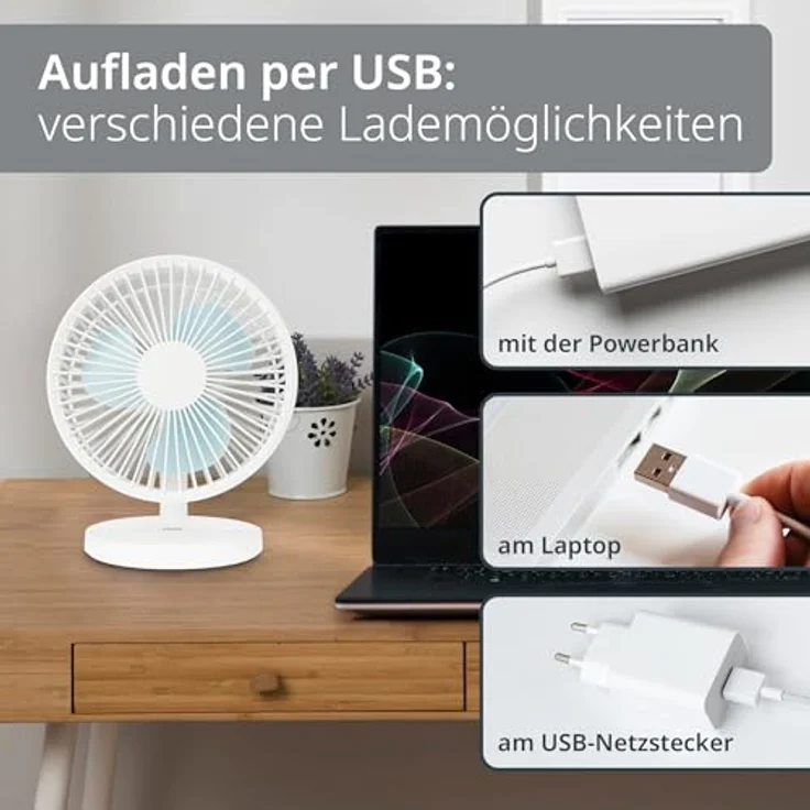 ADE USB Tischventilator, flüsterleise mit 3 Stufen, Akku bis 7,5 h Laufzeit, 2.000 mAh, 90° Neigungswinkel, leicht und flexibel, weiß – Bild 5