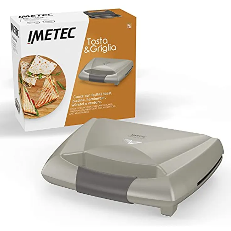 Imetec Tosta&Griglia, Toaster, XL-Streifen- und Antihaftplatten, EIN / AUS-Schalter, Plattenheizungsanzeige, Riegelhaken, Kabeltrommel, Kompakttoaster, 800 W