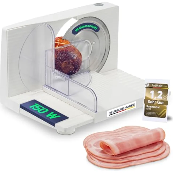 Sommertal Allesschneider AS170 150W Edelstahlmesser mit Wellenschliff, 0-15mm, klappbar, elektrische Schneidemaschine Brotschneidemaschine weiß – Bild 2