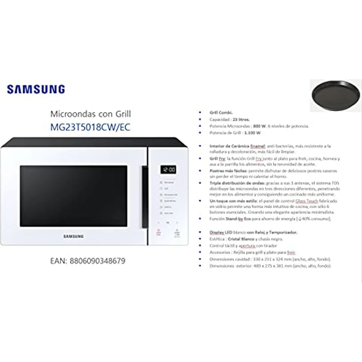 Samsung Samsung MG23T5018CW Mikrowelle mit Grill, Standgerät, 23 Liter Garraum, 800 Watt, Auftauen, weiß – Bild 9