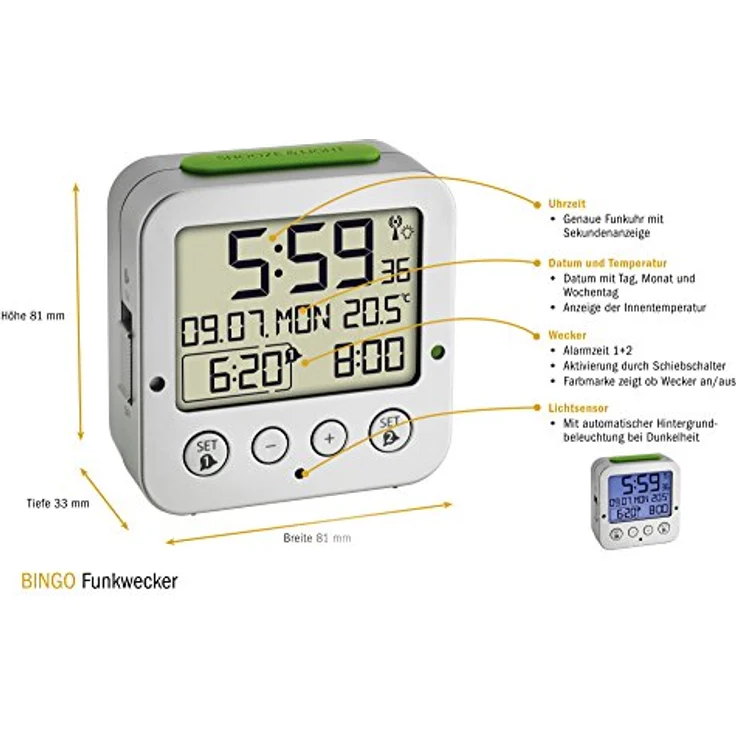 TFA Dostmann 60.2528.54 Bingo Funk-Wecker, autom. Hintergrundbeleuchtung, Datum, Temperaturanzeige und zwei Weckzeiten, Silber-grün, L 81 x B 33 x H 81 mm – Bild 2