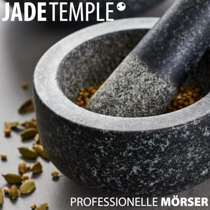 JADE TEMPLE Steinmörser mit Stößel im Set, effektives und einfaches mörsern, aus massivem Granit mit 18 cm Durchmesser und 8,5 cm Höhe – Bild 6