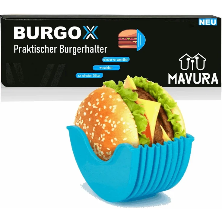 MAVURA BURGOX Burgerhalter, praktischer Silikon-Burgerpress mit hygienischem Design, blau